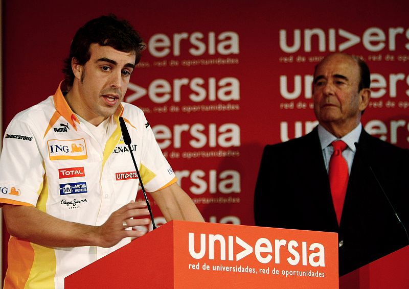 Renault's Formula One driver Alonso speaks during a college scholarship presentation at the Ramon Llull University in Barcelona