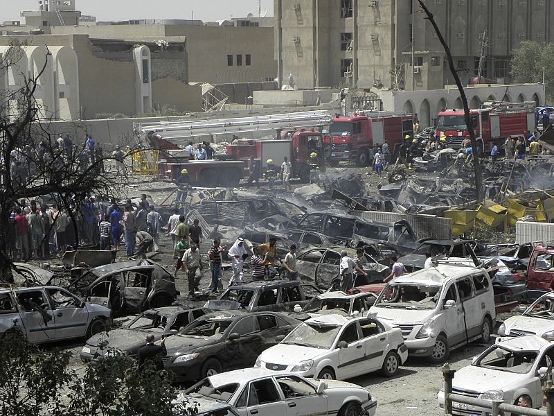 A general view of the site of a truck bomb attack outside the Iraqi Ministry of Foreign Affairs in Baghdad