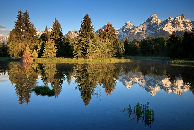 Fotografía de Fernando Ortega en el Grand Teton National Park, en Estados Unidos, donde las colinas y los árboles se reflejan en las aguas cristalinas del río 'Serpiente' en Wyoming.