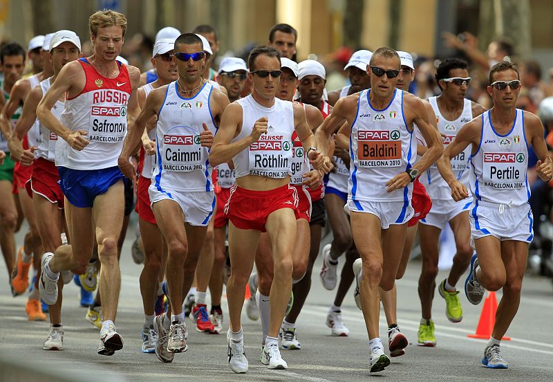 Roethlin from Switzerland runs to win the men's marathon final at the European Athletics Championships in Barcelona