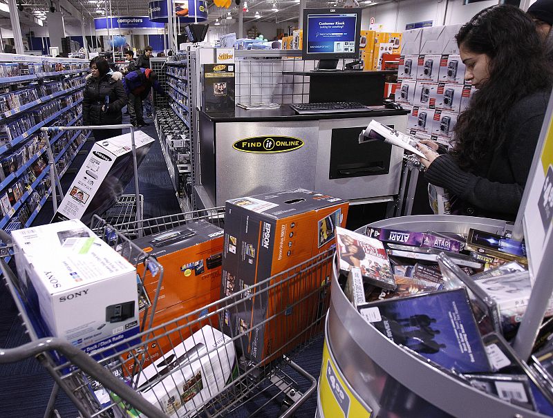 People shop during Black Friday sales at the Best Buy electronics store in Westbury, New York