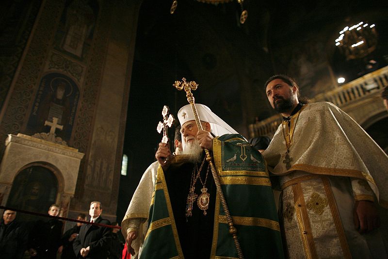 The head of Bulgaria's Orthodox Church Patriarch Maxim leads the traditional Christmas mass in Alexander Nevski cathedral in Sofia