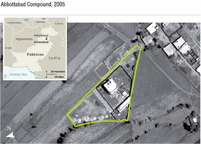 Vista aérea que muestra rodeado en verde, el lugar en el el ejército de EE.UU. ha matado a Osama Bin Laden