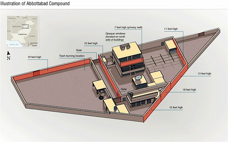 Un dibujo del Departamento de Defensa de Estados Unidos,  muestra el complejo en el que Osama Bin Laden ha muerto este lunes, en Abbottabad, Pakistan