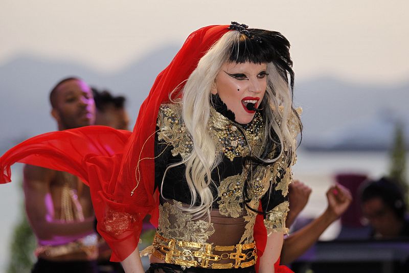 Singer Lady Gaga performs on the Canal Plus television show "Le Grand Journal" in Cannes during the 64th Cannes Film Festival