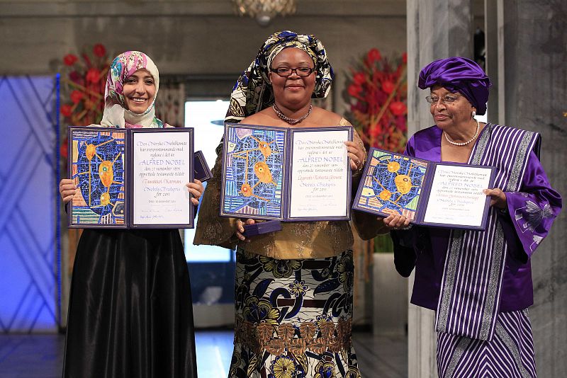 Nobel Peace Prize winners, Yemeni human rights activist Karman, Liberian peace activist Gbowee and Liberian President Johnson-Sirleaf pose with their awards at the award ceremony in Oslo