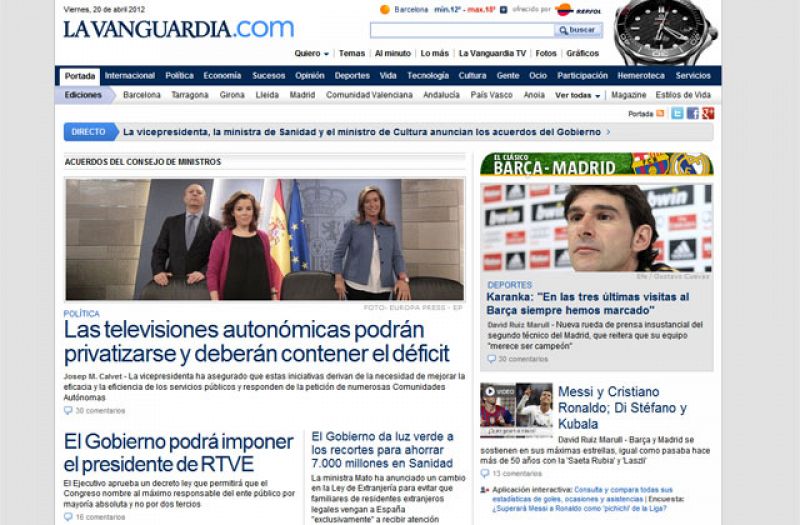 Portada de La Vanguardia sobre el cambio en la elección del presiente de RTVE anunciado por el Gobierno.