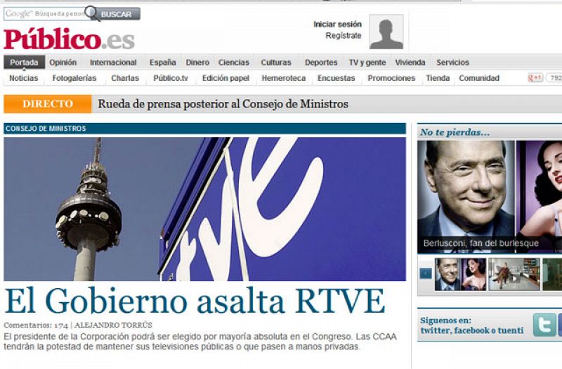 Portada de Público sobre el cambio en la elección del presiente de RTVE anunciado por el Gobierno.