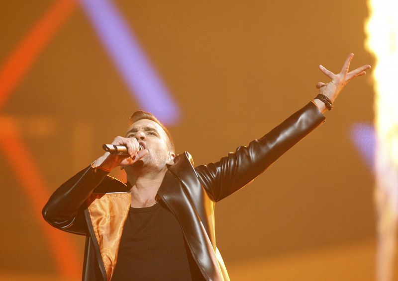 A member of Compact Disco of Hungary performs their song "Sound Of Our Hearts" during the Grand Final of the Eurovision song contest in Baku