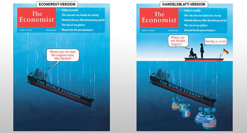 "Por favor, ¿podemos encender ya los motores Mrs.Merkel?", dice el The Economist en su portada. "¿Dónde están nuestros amigos Angela?", pregunta el titular de Finanzas alemán. "Demasiado grandes para nadar", le responde la canciller.