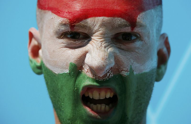 Aficionado del waterpolo anima a Hungría en el partido contra Montenegro.