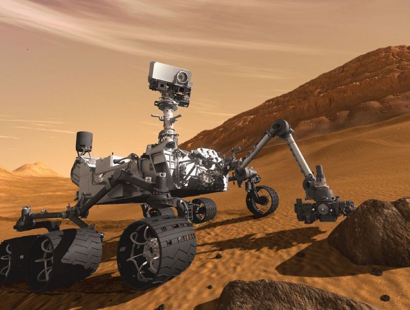 Impresión artística de Curiosity sobre la superficie marciana