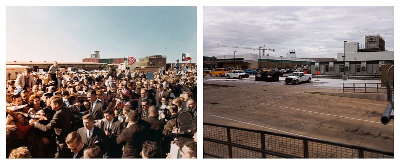 A la derecha, el aeropuerto de Love Field , en Dallas, en el momento en el que llegaban JFK y Jackie. A la derecha, el mismo aeropuerto hoy