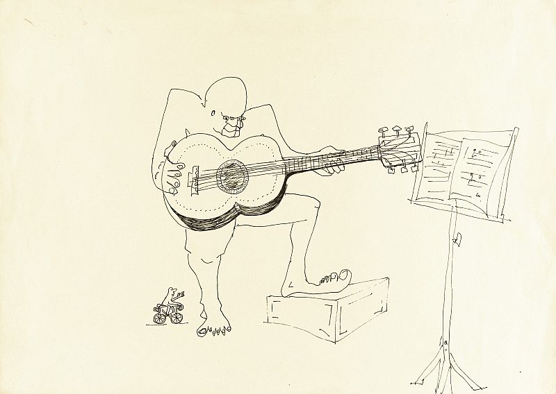 "Un hombre sentadop toca la guitarra" de John Lennon a la venta en Nueva york