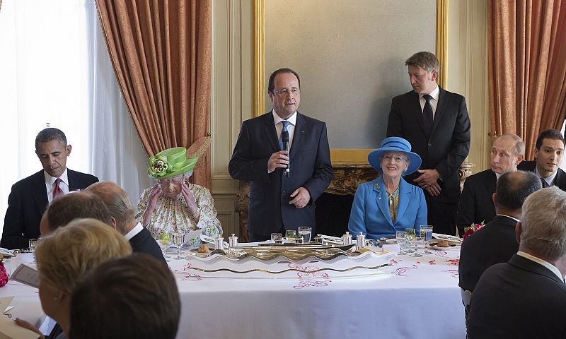 France's President Hollande speaks during a luncheon at Chateau de Benouville