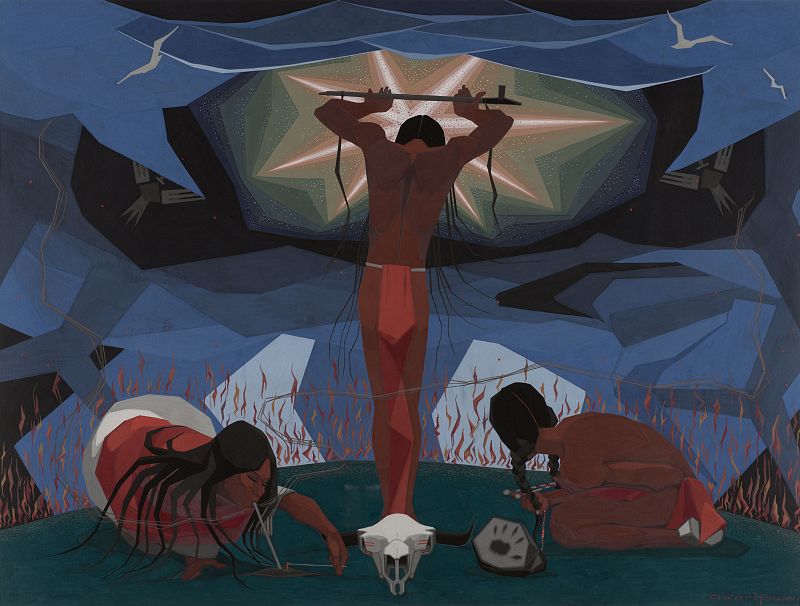 Oscar Howe, Mazuha Hokshina,  Chico Comerciante (1915-1983), Yanktonai, South Dakota, "Calling on Wakan Tanka" (1962)