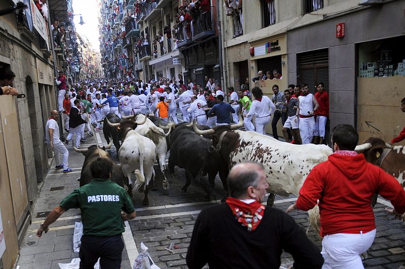 Un pastor guía a los toros de Victoriano del Río en la calle Estafeta