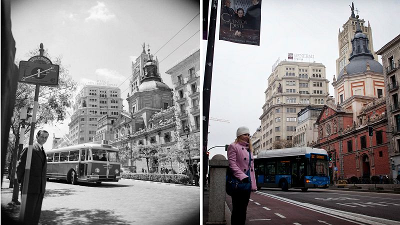 Trolebús linea 3 en 1954 y foto actual de la misma zona (Madrid)