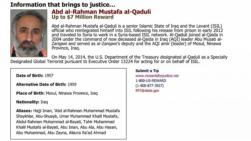 Orden de búsqueda emitida por el gobierno estadounidense contra al Qaduli, número dos de Estado Islámico