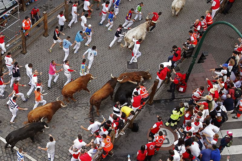 Dos toros de la ganadería de Jandilla han caído a su paso por la curva de Telefónica durante el quinto encierro de San Fermín 2016