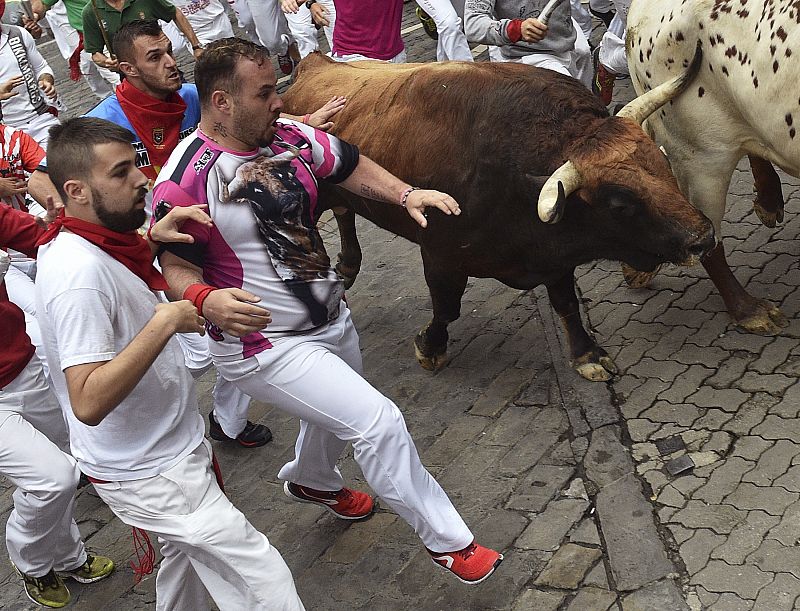 El último de los toros, de capa castaña, entra en el callejón en el sexto encierro de San Fermín 2016