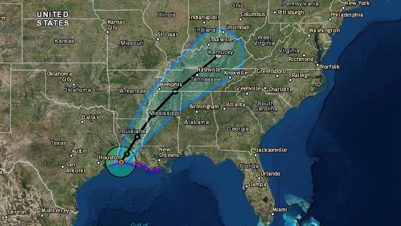 Trayectoria cíclica de la tormenta tropical Harvey y su previsible retirada hacia Tenesee desde Luisiana