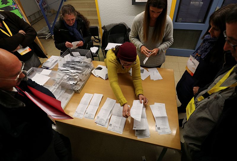 Electoral workers begin to count ballots after polls closed in Catalonia's regional elections at a polling station in Barcelona