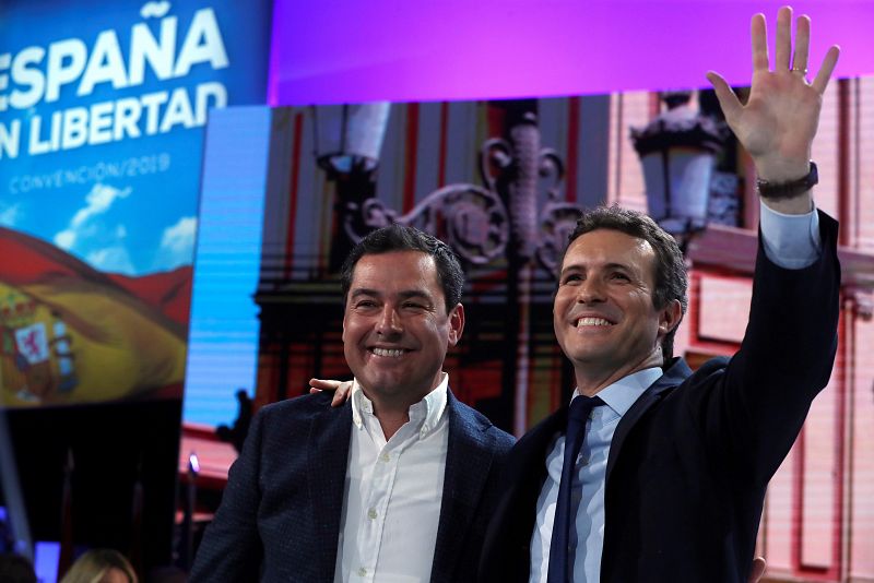 El presidente del PP, Pablo Casado, y el presidente de la Junta de Andalucía, Juanma Moreno