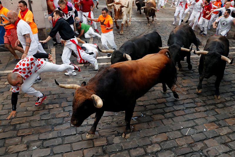 Un momento de la carrera del rapidísimo encierro protagonizado por los toros de La Palmosilla