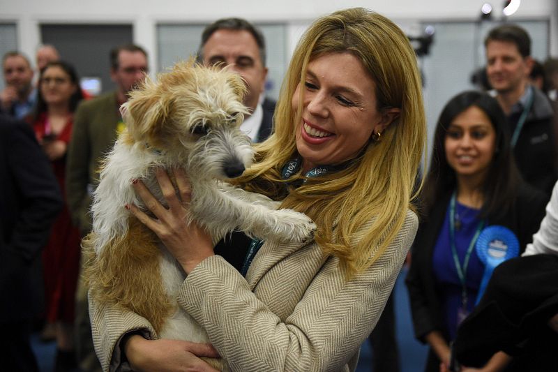  Carrie Symonds, pareja del primer ministro británico con su perro Dylin en el centro de recuento de Uxbridge.