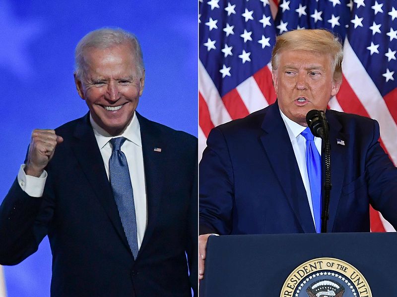 Montaje de fotograf&iacute;as de los discursos que los candidatos a Presidente de EE.UU., Joe Biden y Donald Trump, han ofrecido esta noche, tras conocerse los primeros datos electorales que todav&iacute;a no son definitivos.