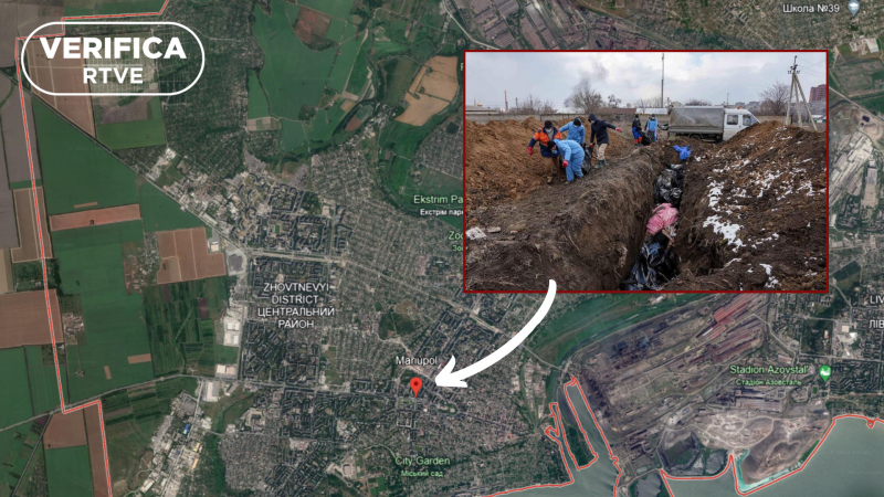 Mariúpol. Geolocalización del enterramiento. Imagen: Google Earth, RTVE, con el sello VerificaRTVE en blanco