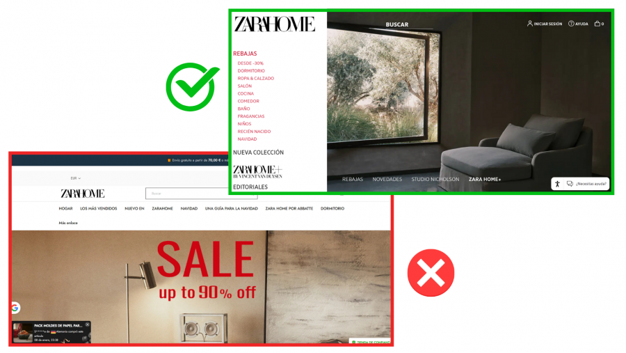 A la izquierda, la captura de la web que se hace pasar por Zara Home. A la derecha, la página oficial
