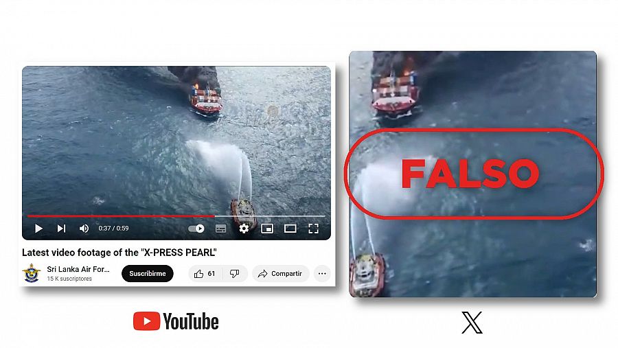 A la izquierda, vídeo original que registra el buque X-Press Pearl en llamas en 2021 compartido por las Fuerzas Aéreas de Sri Lanka; a la derecha, versión recortada e invertida de la grabación original
