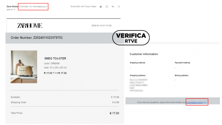 Imagen que muestra el proceso de compra habilitado en la web fraudulenta con el detalle en rojo de los dos emails no vinculados a Zara Home, con el sello VerificaRTVE en negro