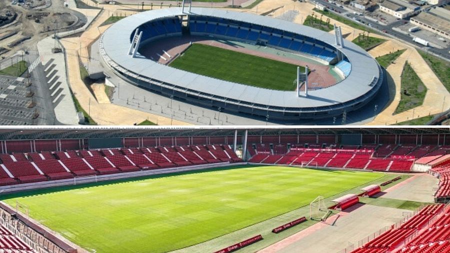 Arriba el estadio del Almería con pista de atletismo / abajo el estadio del Almería sin pista de atletismo