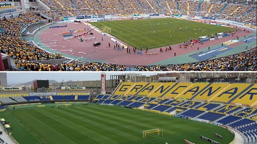 Arriba Estadio de Gran Canaria con pista de atletismo / abajo el Estadio de Gran Canaria sin pista de atletismo