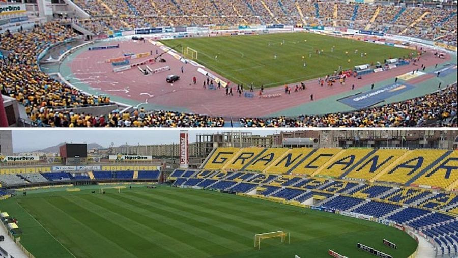 Arriba Estadio de Gran Canaria con pista de atletismo / abajo el Estadio de Gran Canaria sin pista de atletismo