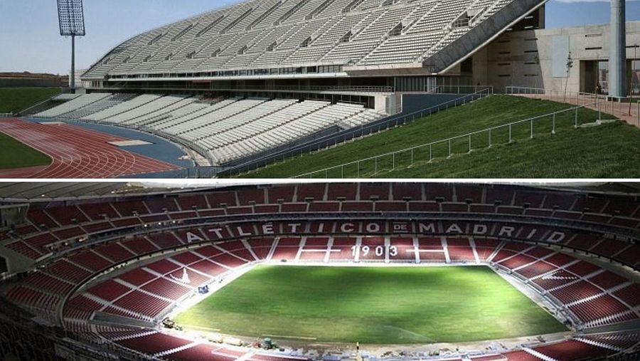 Arriba el Metropolitano (antes La Peineta con pista de atletismo) / abajo el Metropolitano