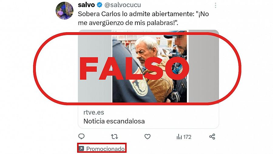 Mensaje que difunde un sitio web fraudulento que suplanta a RTVE como contenido promocionado en X