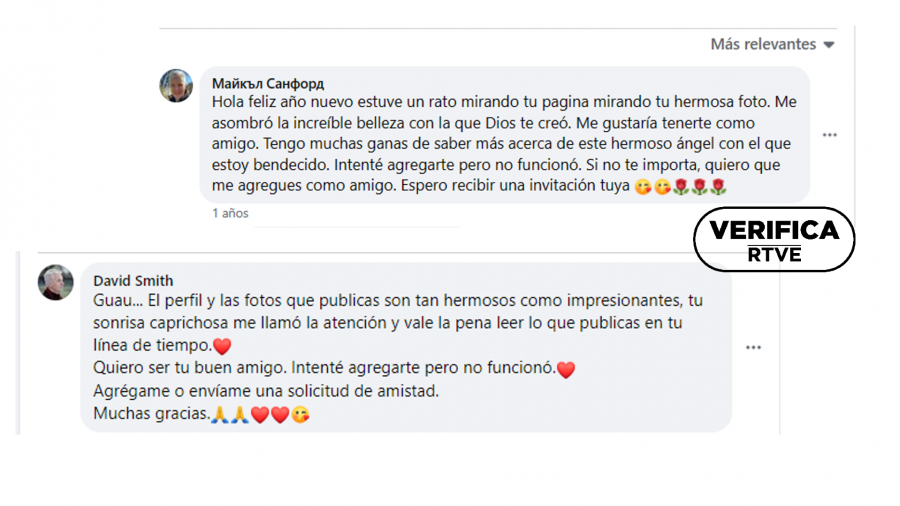 Comentarios de dos perfiles con fotos falsas dirigidos a una de las hermanas asesinadas en Morata de Tajuña, con el sello de VerificaRTVE en negro