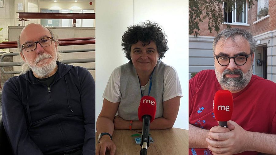 Montaje de fotografías con Toni Segarra, Charo Rueda y Amador Fernández-Savater