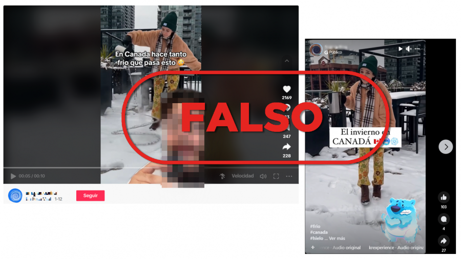Publicaciones de redes sociales que comparten el vídeo de la estructura de hielo en forma de espiral como si fuera real, con el sello Falso