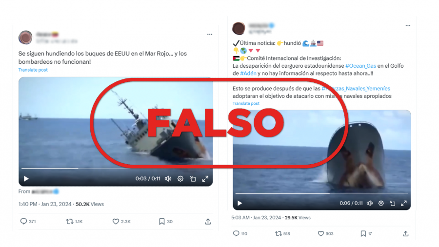 Mensajes de X que comparten un vídeo antiguo y lo presentan como si fuera el hundimiento de un barco estadounidense en el mar Rojo en la actualidad, con el sello Falso