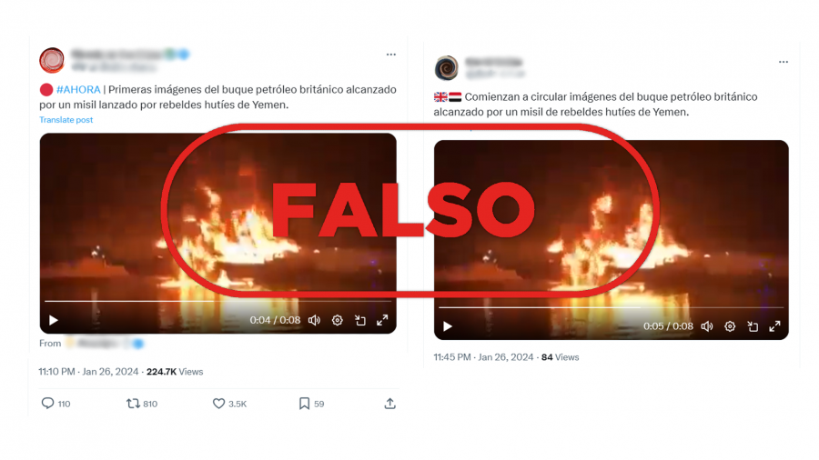 Mensajes que comparten un vídeo de 2019 y lo presentan como si fuera un ataque reciente de los hutíes a un buque británico en el mar Rojo, con el sello Falso