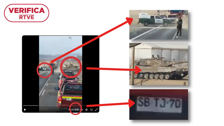 Detalles del vídeo que presentan en redes como si fuera un despliegue de tanques en Texas, con el sello de VerificaRTVE