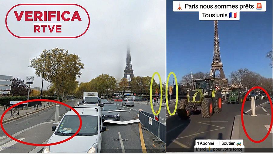 A la derecha, vídeo que difunden en redes con el poste y el paso de cebra rodeados por un círculo rojo y las señales de tráfico por uno amarillo. A la derecha, imagen de Google Earth con los mismos elementos rodeados por los mismos colores con el sello VerificaRTVE