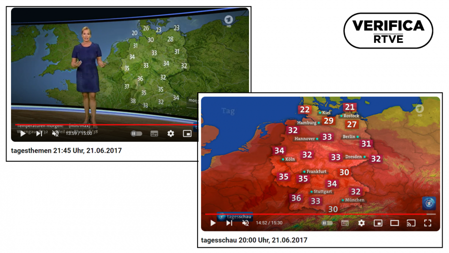 A la izquierda, mapa topográfico emitido el 21.06.2017 en el programa alemán Tagesthemen. A la derecha, mapa de temperaturas emitido el 21.06.2015 en el programa Tagesschau, con el sello de VerificaRTVE