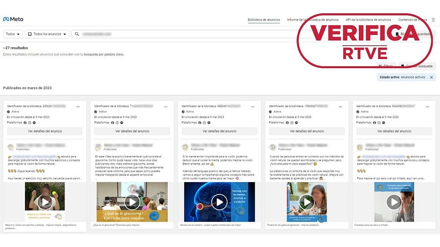 Captura de la Biblioteca de Anuncios de Meta con el sello VerificaRTVE en rojo