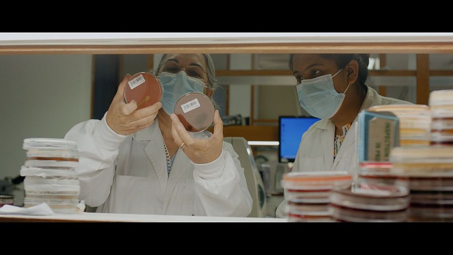 Dos científicas con cajas de Petri en laboratorio.